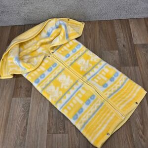 Vintage Teddy Bear Train Baby Bunting Bag Yellow Fleece Wearable Blanket